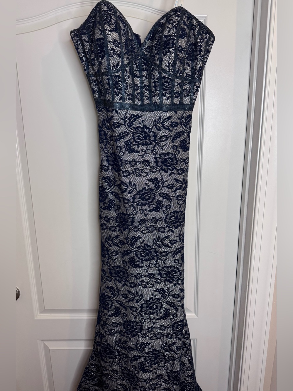 Camille La Vie Strapless Navy Lace Gown with Sweetheart Neckline